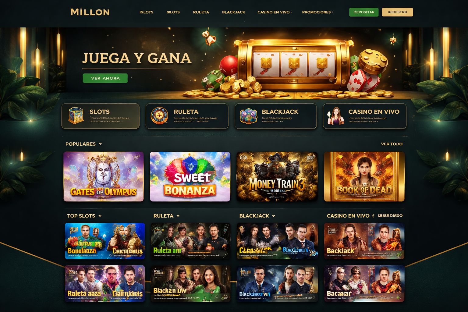 Pantalla de la plataforma Millon Casino mostrando categorías de juegos organizadas y opciones en vivo