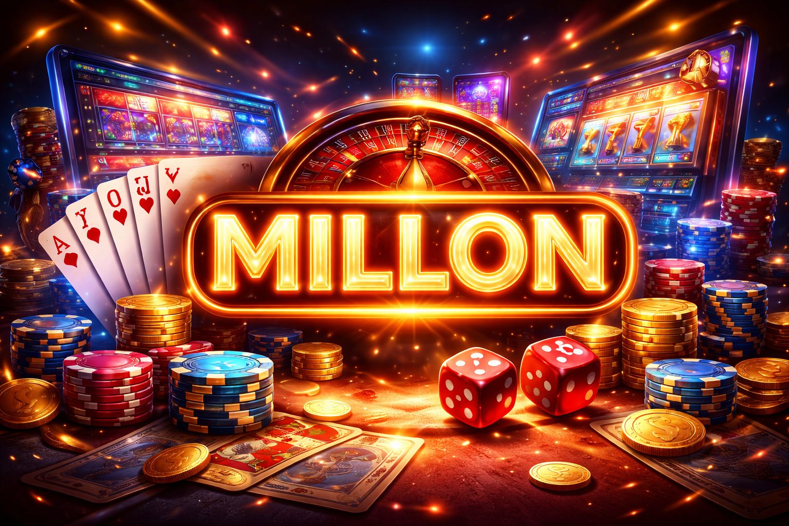 Una exhibición dinámica de juegos Millon con cartas, dados, fichas y un letrero Millon brillante sobre una configuración moderna estilo casino.