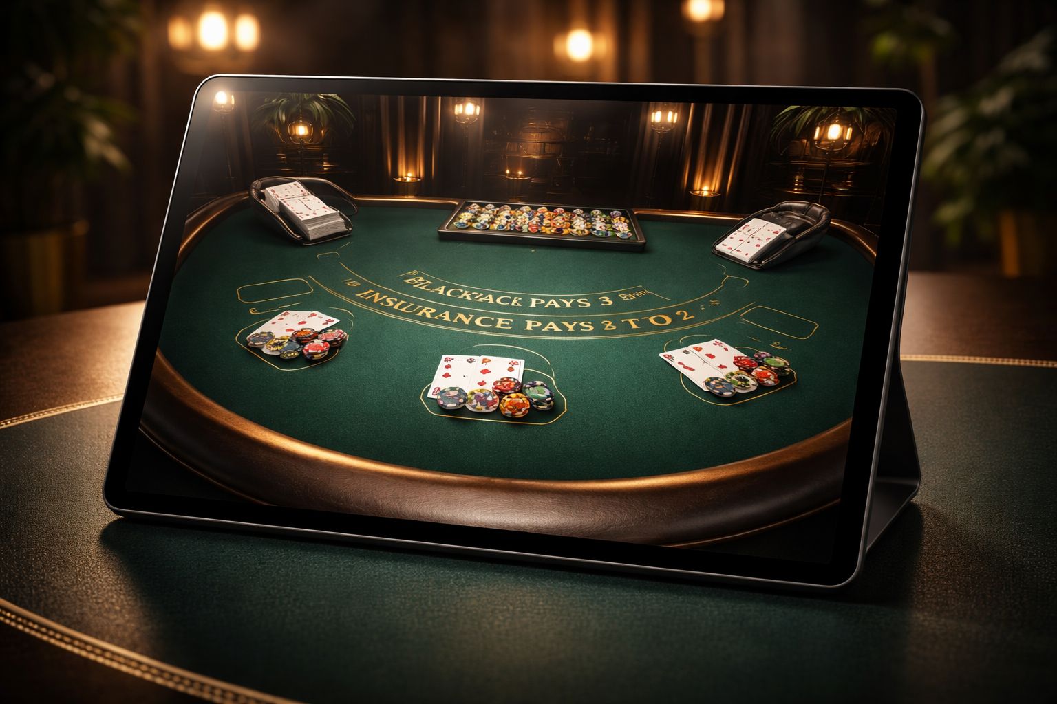 Un jugador usando una tableta para acceder a una mesa en vivo Millon con luces de estudio, cartas y un crupier profesional visible en pantalla.