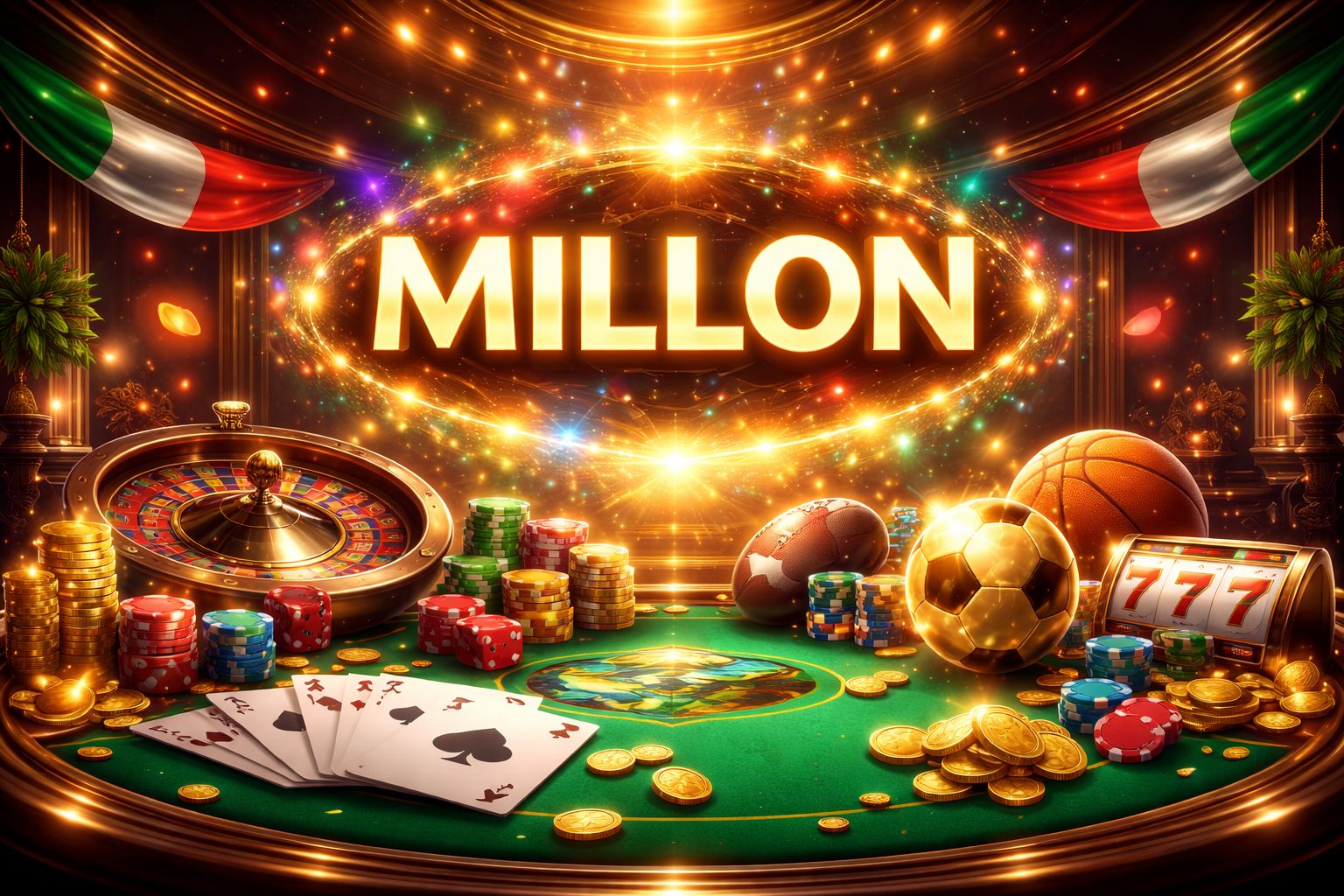 Una vibrante escena digital de casino con la palabra Millon brillando sobre mesas de juego, monedas, cartas y elementos deportivos en una atmósfera moderna inspirada en México.