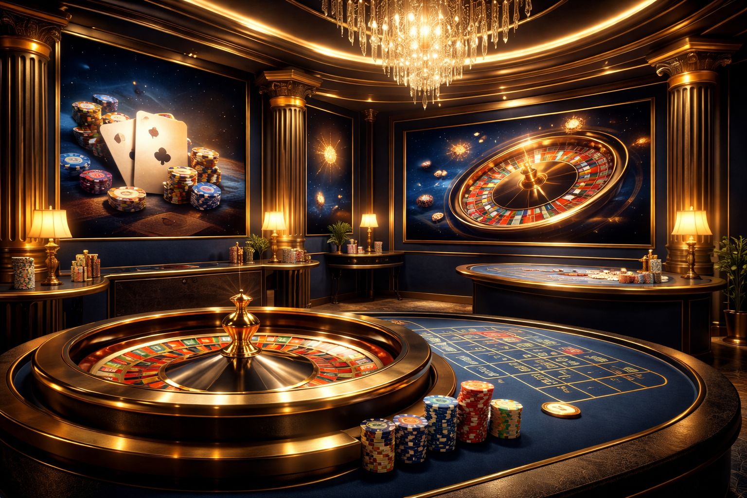 Una escena pulida de estudio de casino en vivo con cartas, ruleta y una interfaz premium de juegos en línea asociada con Millon.