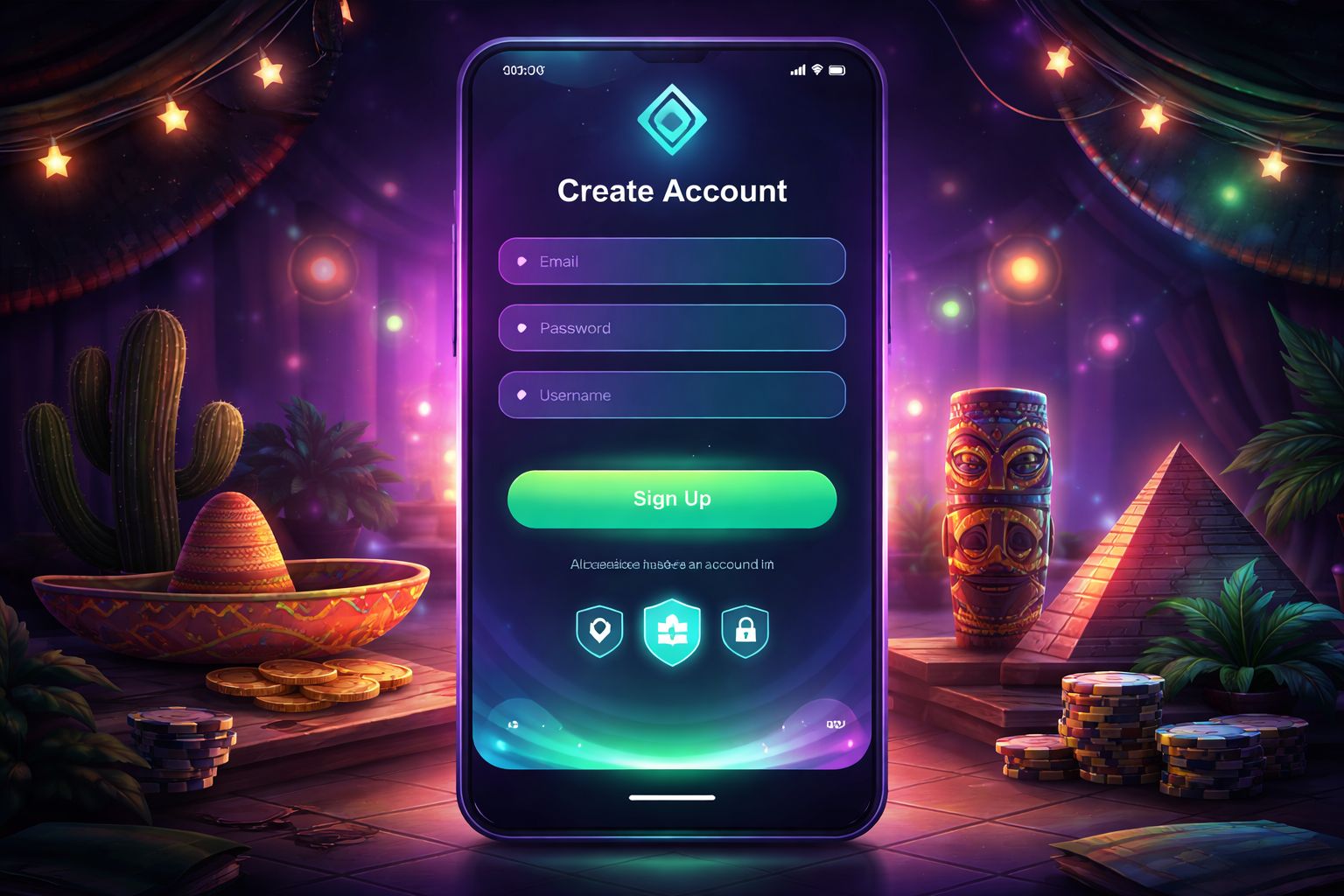 Una elegante pantalla móvil de registro para Millon mostrada en un entorno colorido de juegos diseñado para usuarios en México.